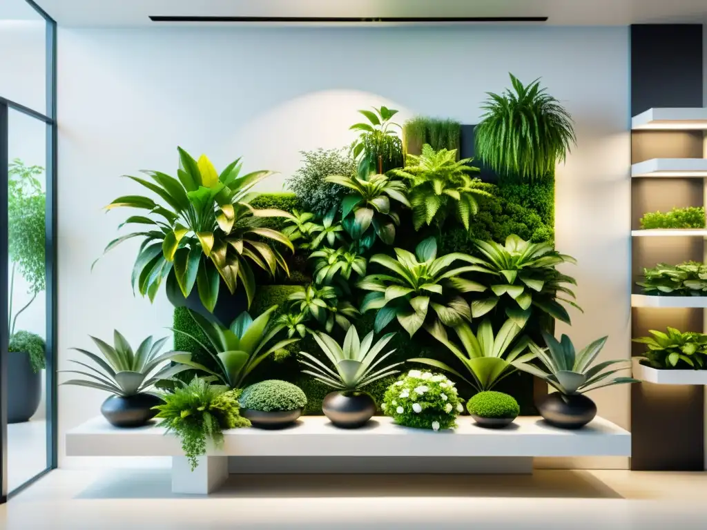 Un jardín interior minimalista y elegante con plantas verdes exuberantes en macetas geométricas