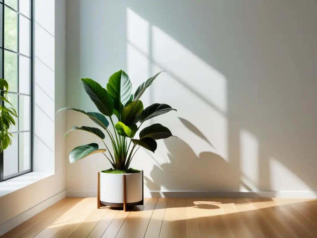 Un rincón minimalista con una exuberante planta verde en maceta elegante, iluminado por luz natural