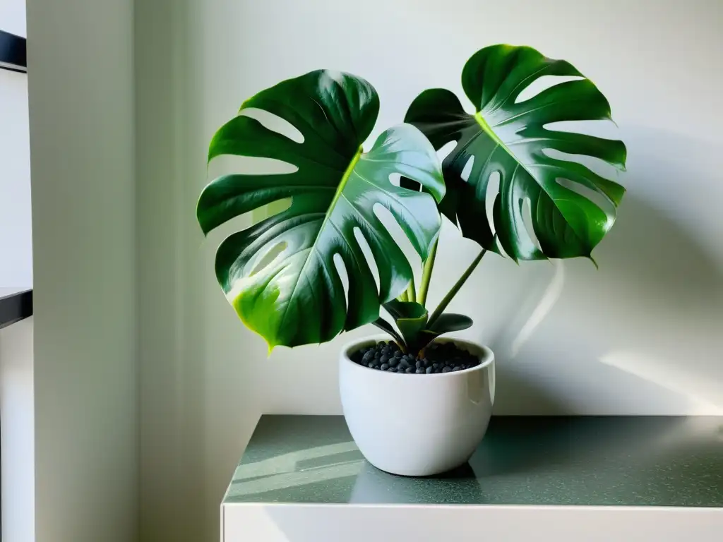 Un jardín interior minimalista con una exuberante y vibrante planta de monstera en un elegante macetero blanco