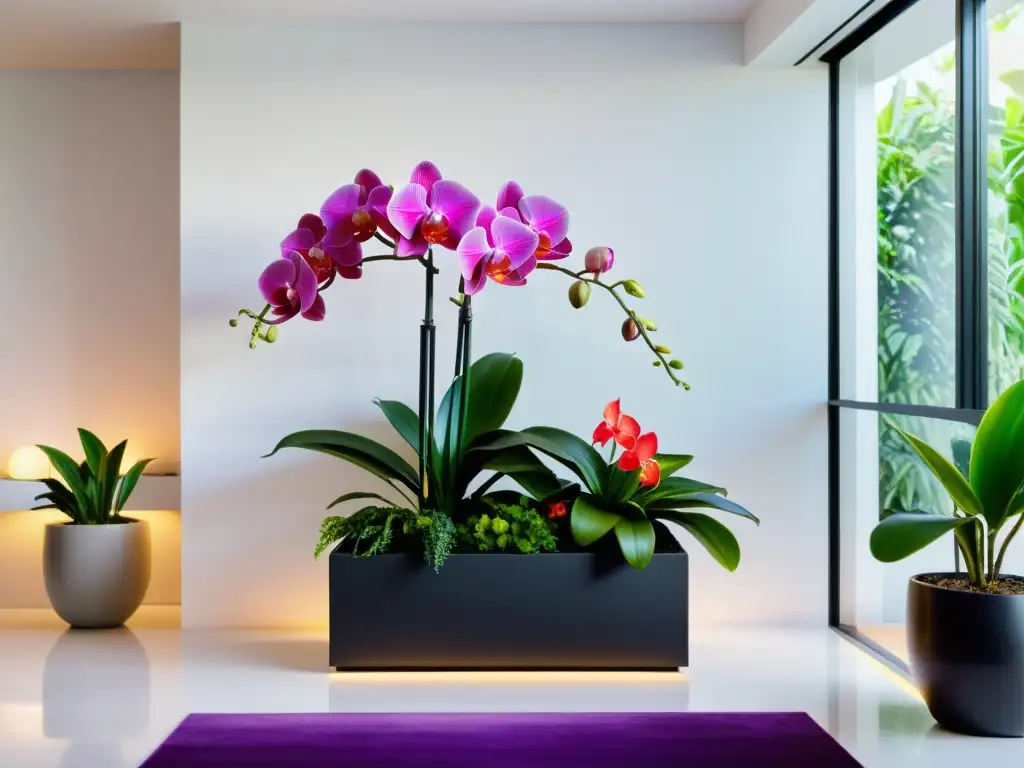 Un jardín interior minimalista con flores vibrantes en maceta negra, combinando flores para un espacio elegante y colorido