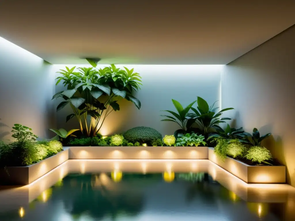 Un jardín interior minimalista iluminado con LED, resaltando la naturaleza con una atmósfera tranquila y cálida