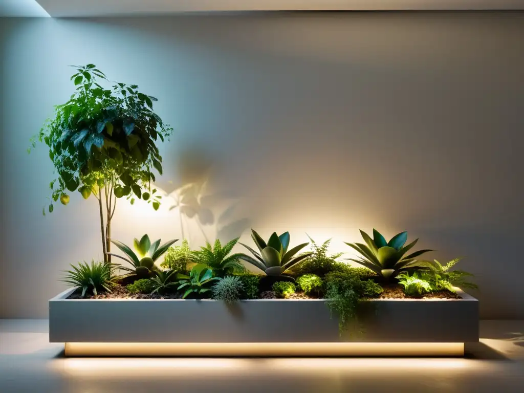 Un jardín interior minimalista iluminado con suave luz LED, creando una atmósfera tranquila y elegante