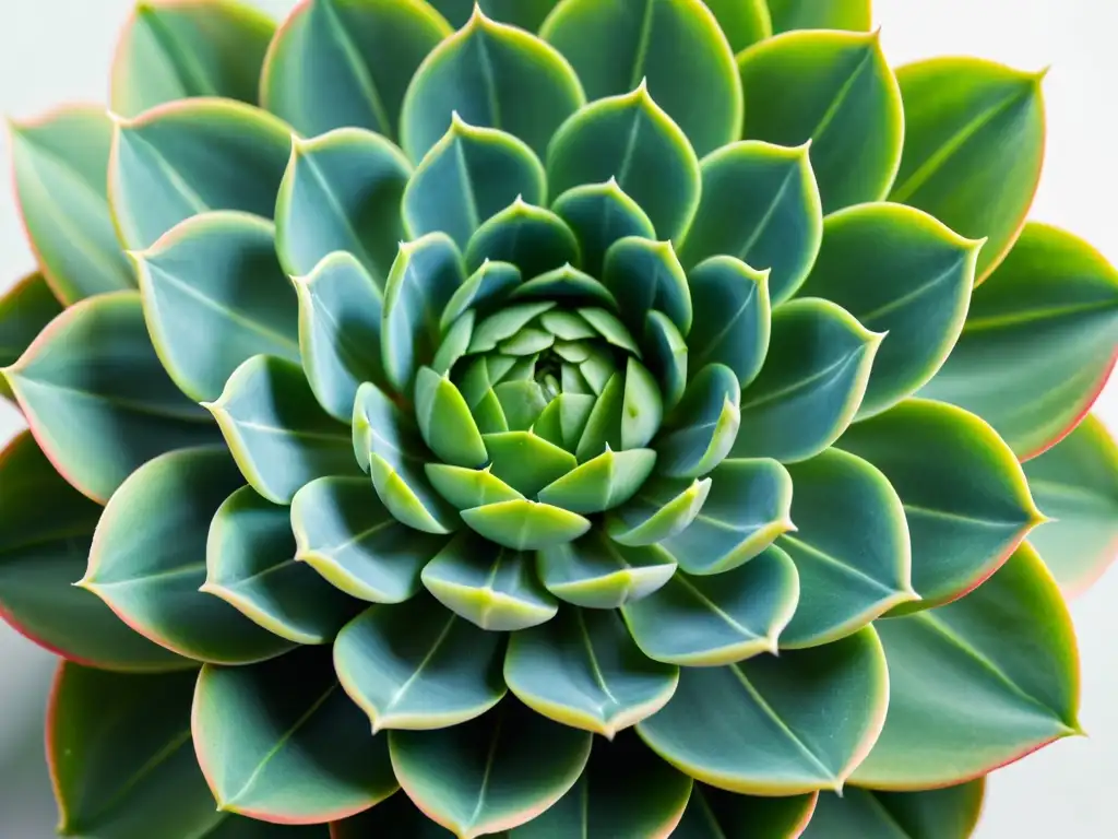 Una fotografía minimalista impresionante de una suculenta Echeveria verde vibrante, con patrones simétricos delicados en sus hojas