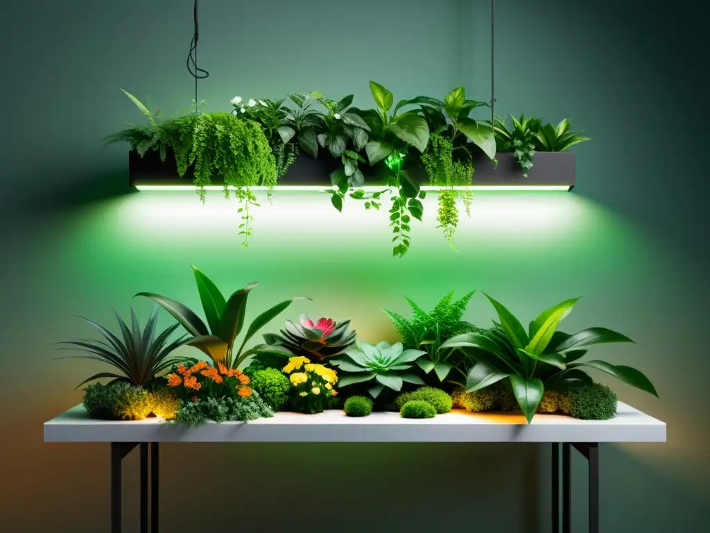 Un jardín interior minimalista con luces LED ajustables iluminando plantas en diferentes etapas de crecimiento