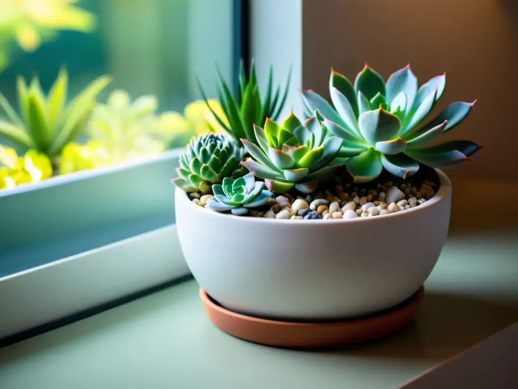 Succulentes vibrantes en elegante decoración interior Decoración minimalista con maceta blanca de suculentas vibrantes iluminadas por el sol