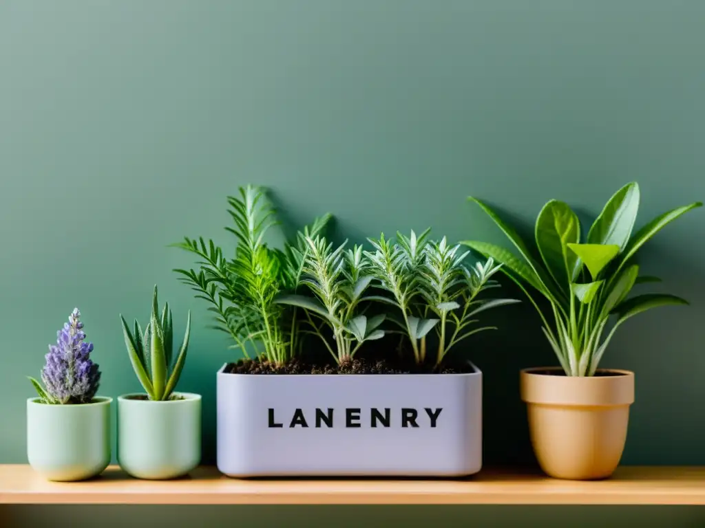 Un jardín interior minimalista con plantas aromáticas cultivadas en interiores en macetas elegantes y etiquetadas a mano