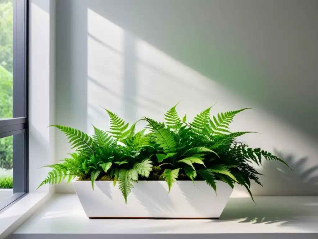 Jardín interior minimalista con plantas de clima frío en equilibrio armonioso y luz suave