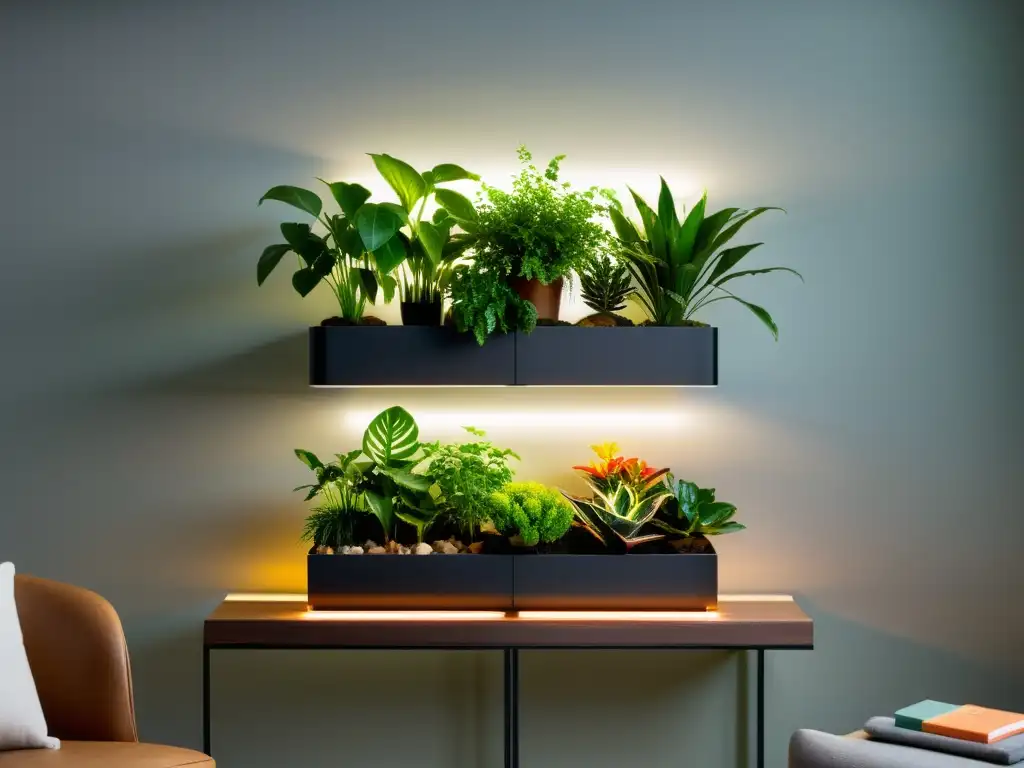 Un jardín interior minimalista con plantas comestibles vibrantes y elegantes marcadores