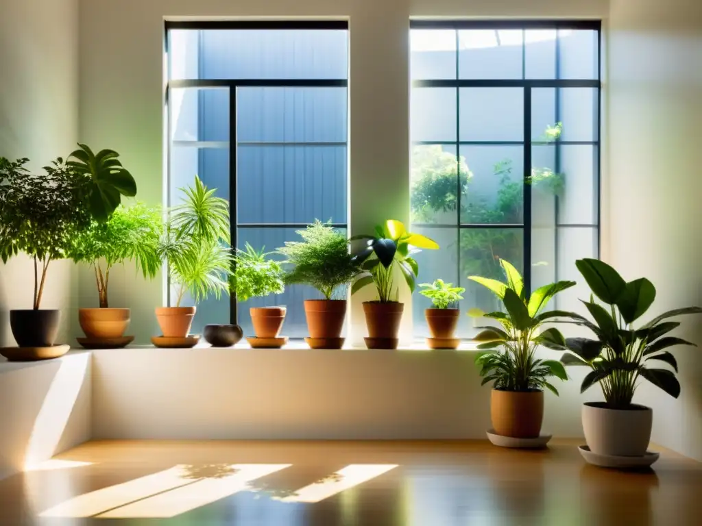 Un jardín interior minimalista con plantas cuidadosamente dispuestas en una habitación iluminada por el sol, creando una atmósfera serena e acogedora