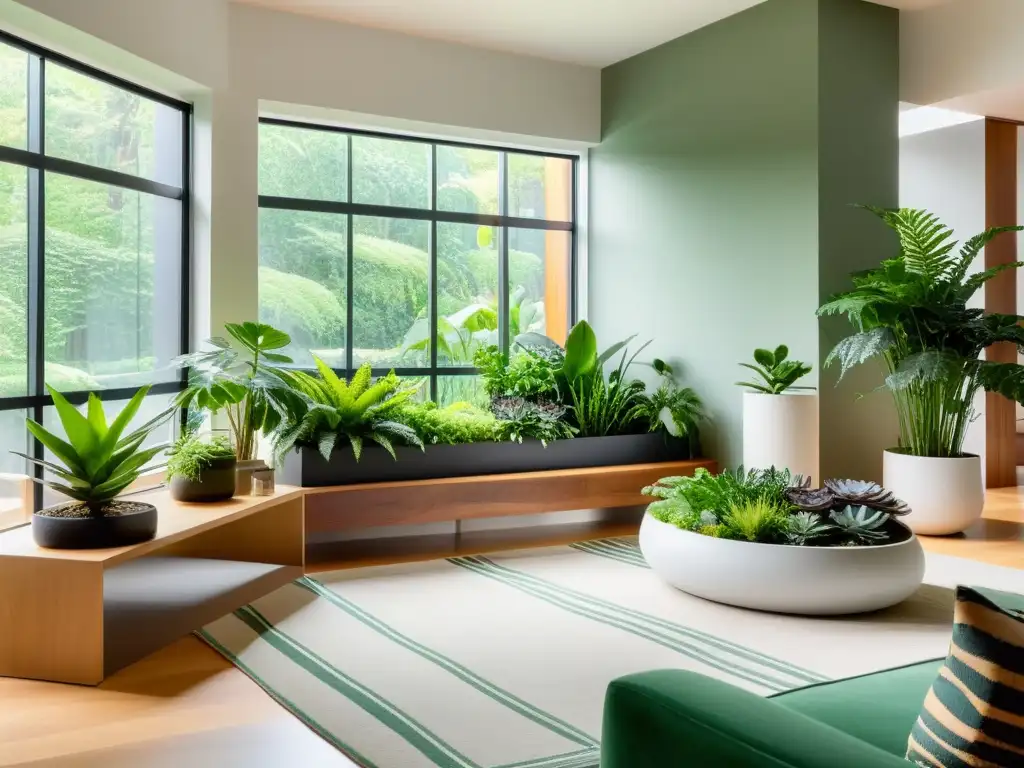 Jardín interior minimalista con plantas y domótica para cuidado de plantas en sala moderna