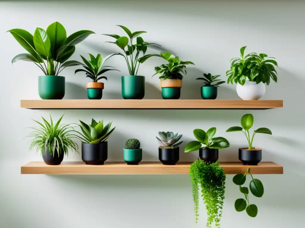 Integración IoT jardín interior: Configuración minimalista con plantas en estantes de madera y dispositivos inteligentes