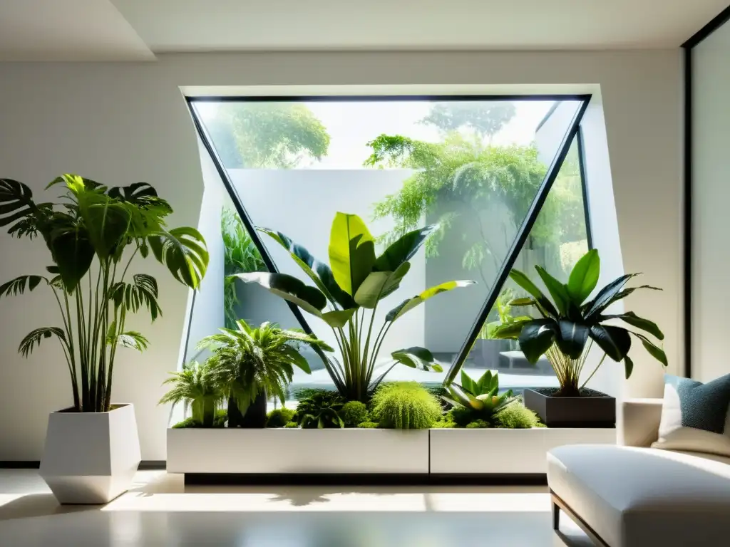 Un jardín interior minimalista con plantas exóticas en macetas modernas, bañadas por suave luz natural