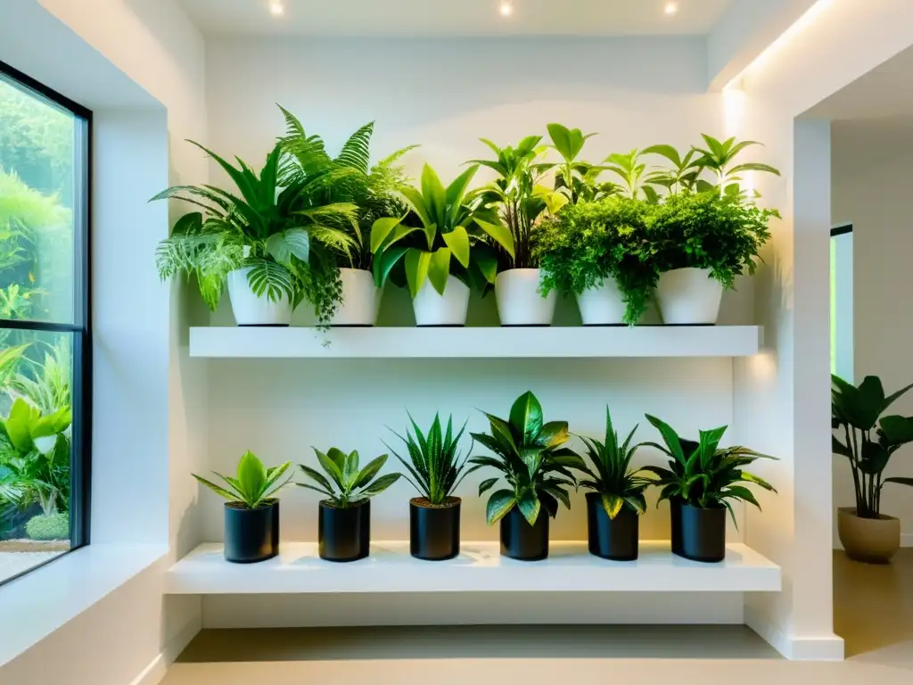 Un jardín interior minimalista con plantas exuberantes en estanterías blancas, destacando la domótica para cuidado de plantas interior