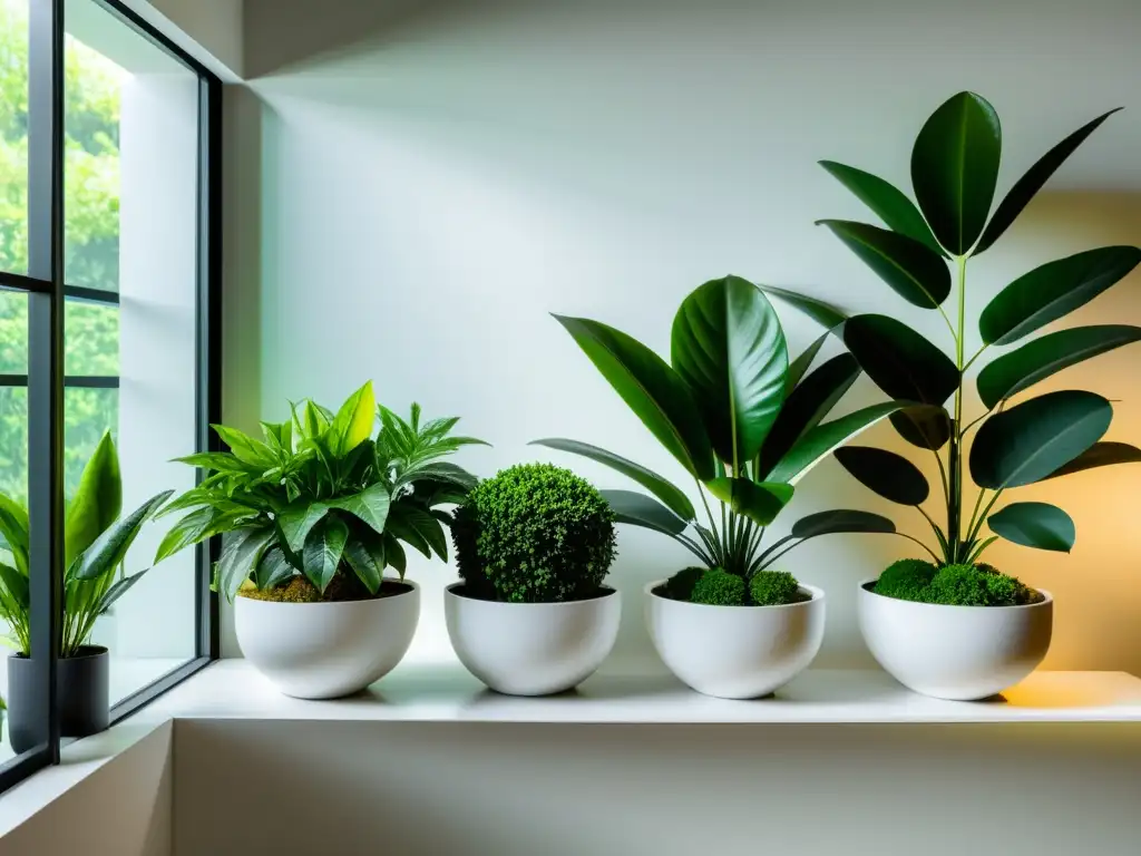 Un jardín interior minimalista con plantas exuberantes en macetas modernas blancas