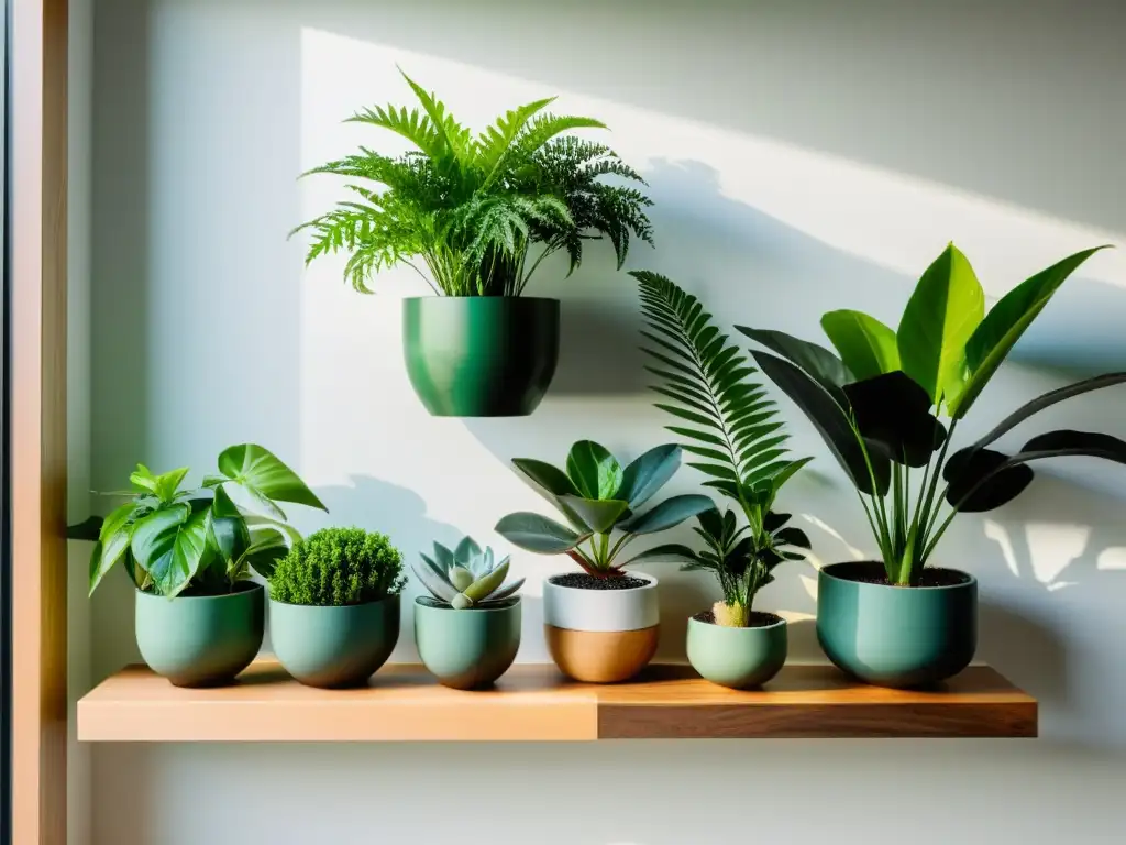 Un jardín interior minimalista con plantas exuberantes en macetas geométricas, creando un ambiente tranquilo