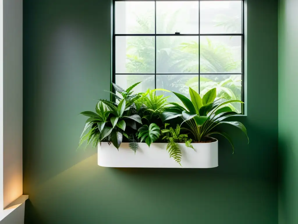 Un jardín interior minimalista con plantas ideales para jardín interior en un elegante y moderno macetero blanco