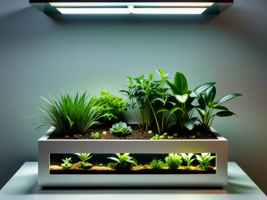 Un jardín interior minimalista con plantas cuidadosamente injertadas, demostrando técnicas de injerto en plantas de interior