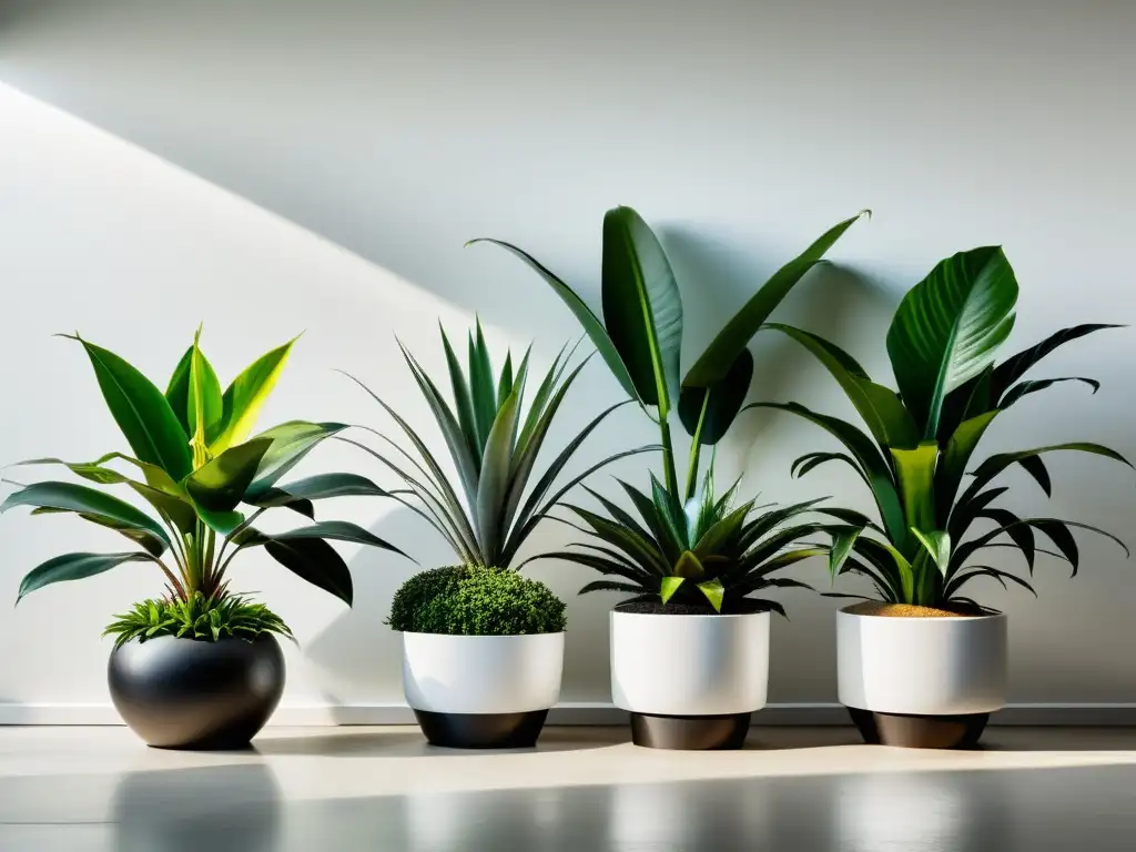 Un jardín botánico interior minimalista con plantas de interior cuidado histórico en modernos maceteros, iluminado por luz natural suave