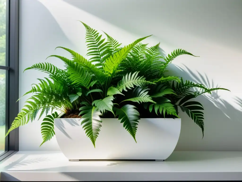 Un jardín interior minimalista con plantas de interior equilibrio y fluidez, en un elegante macetero blanco con helechos verdes vibrantes