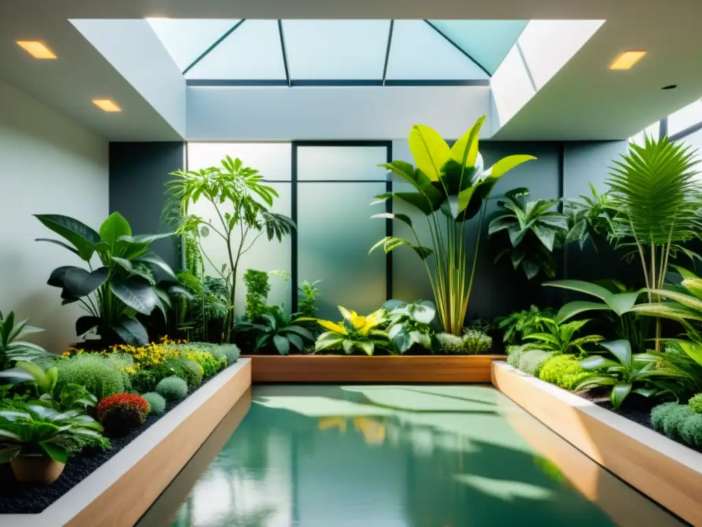 Jardín interior minimalista con plantas de interior para polinizadores en un entorno moderno y luminoso en 8k