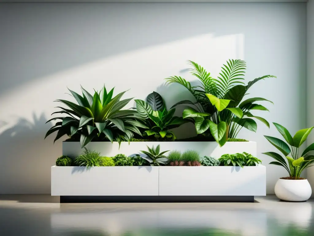 Jardín interior minimalista con plantas de interior purificadoras de aire en modernos maceteros, creando una atmósfera calmante y sofisticada