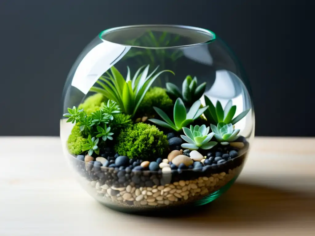 Un pacífico terrario minimalista con plantas de interior para mini jardines, rocas y musgo, bañado por suave luz filtrada