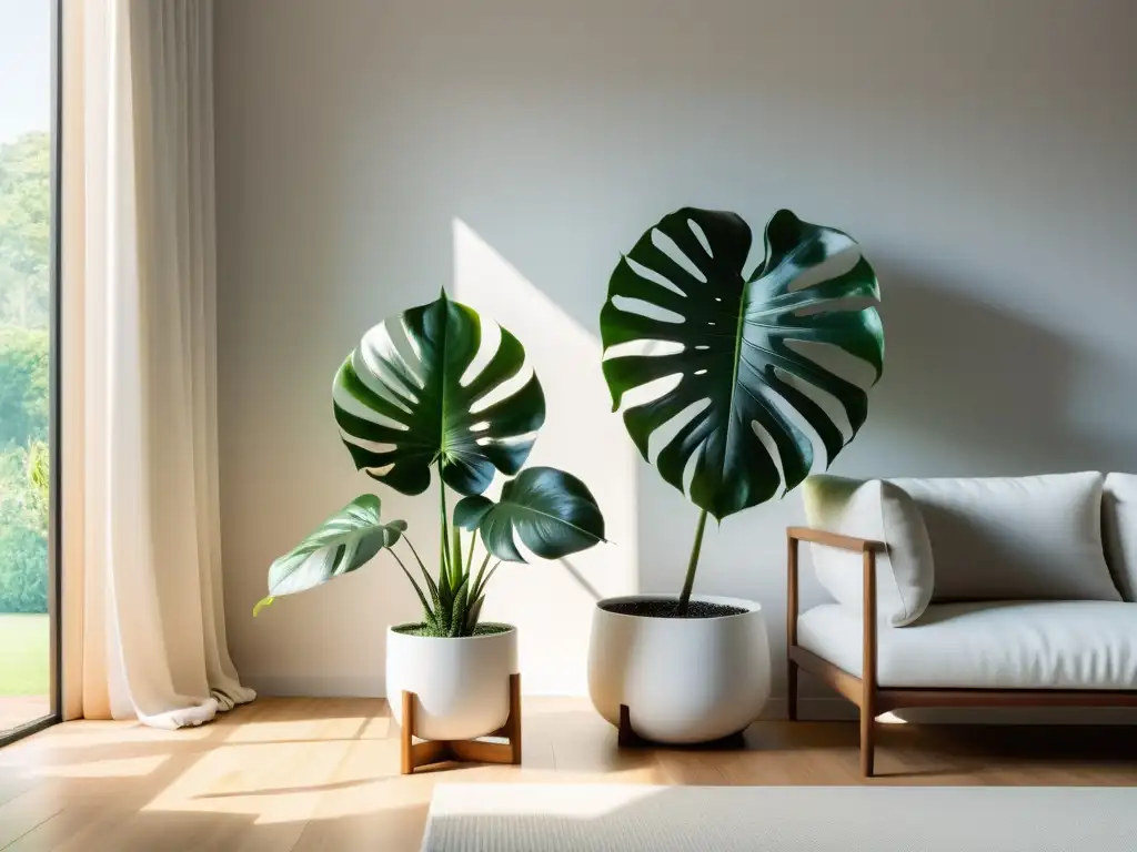 Decoración minimalista con plantas de interior: Sala de estar moderna y luminosa con una única monstera en maceta, creando un ambiente sereno y cálido