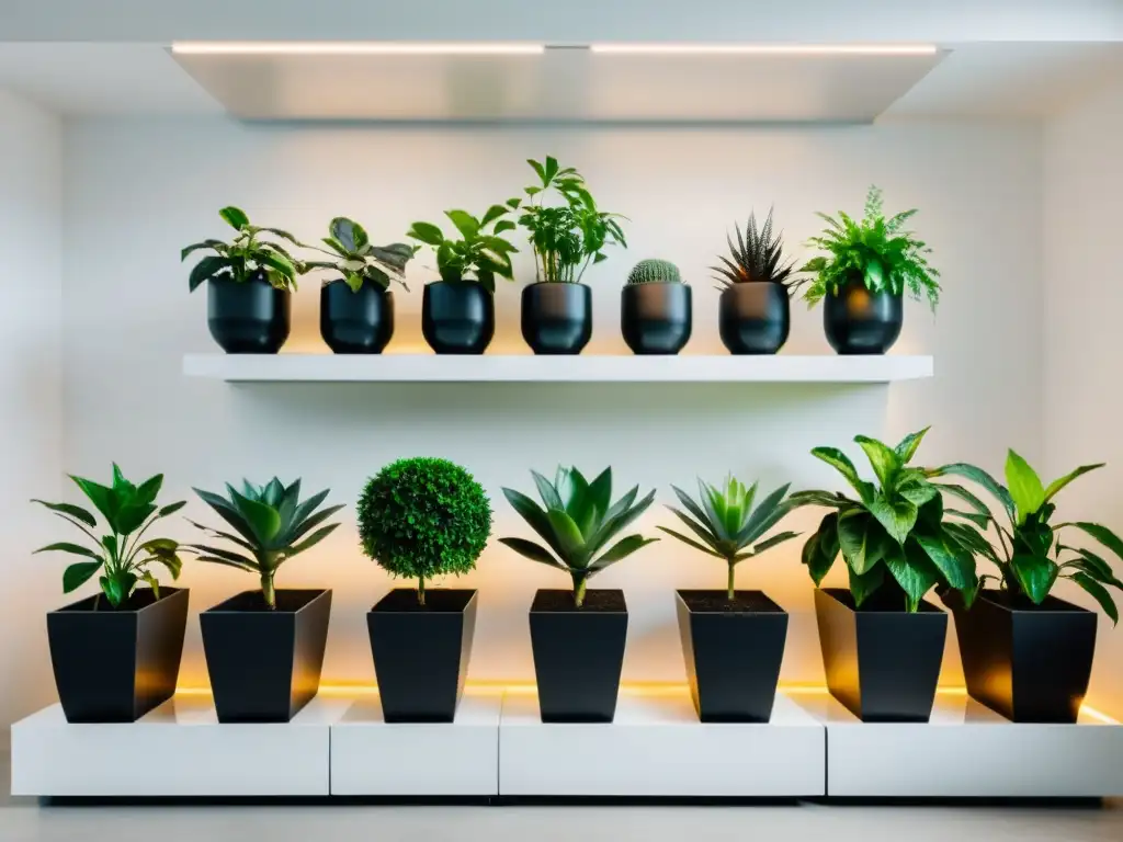 Un jardín interior minimalista con plantas en macetas negras sobre estantes blancos