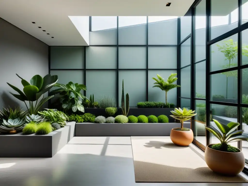 Un jardín interior minimalista con plantas en macetas y suculentas, iluminado por luz natural