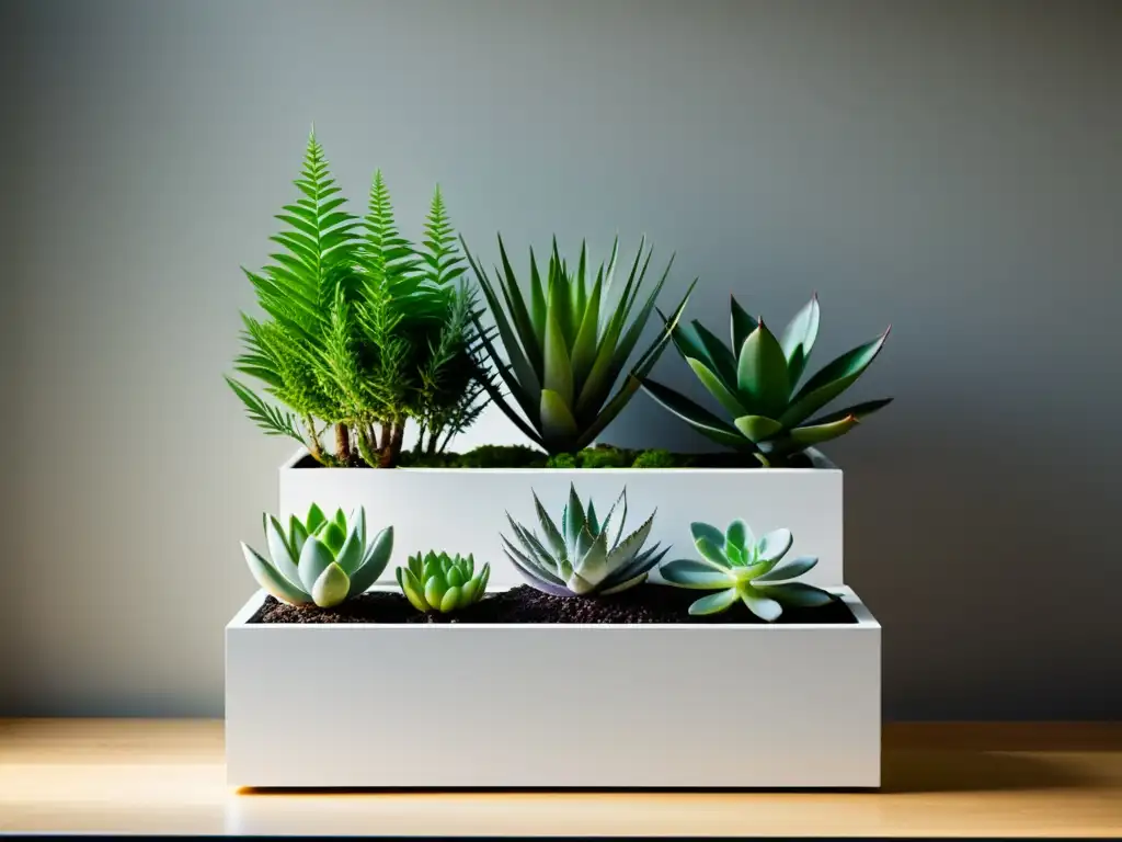 Un jardín interior minimalista con plantas medicinales en maceta blanca