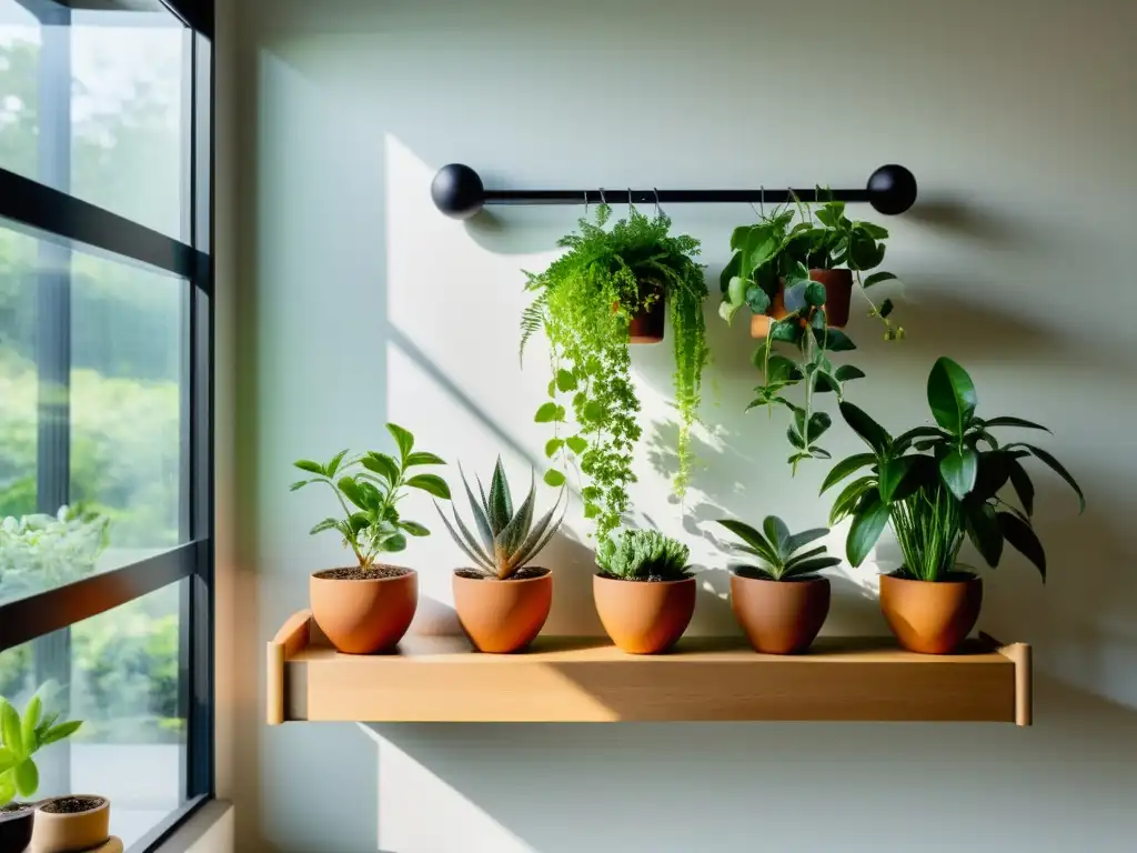 Un jardín interior minimalista con plantas medicinales ordenadas en estantes modernos, iluminado por luz natural