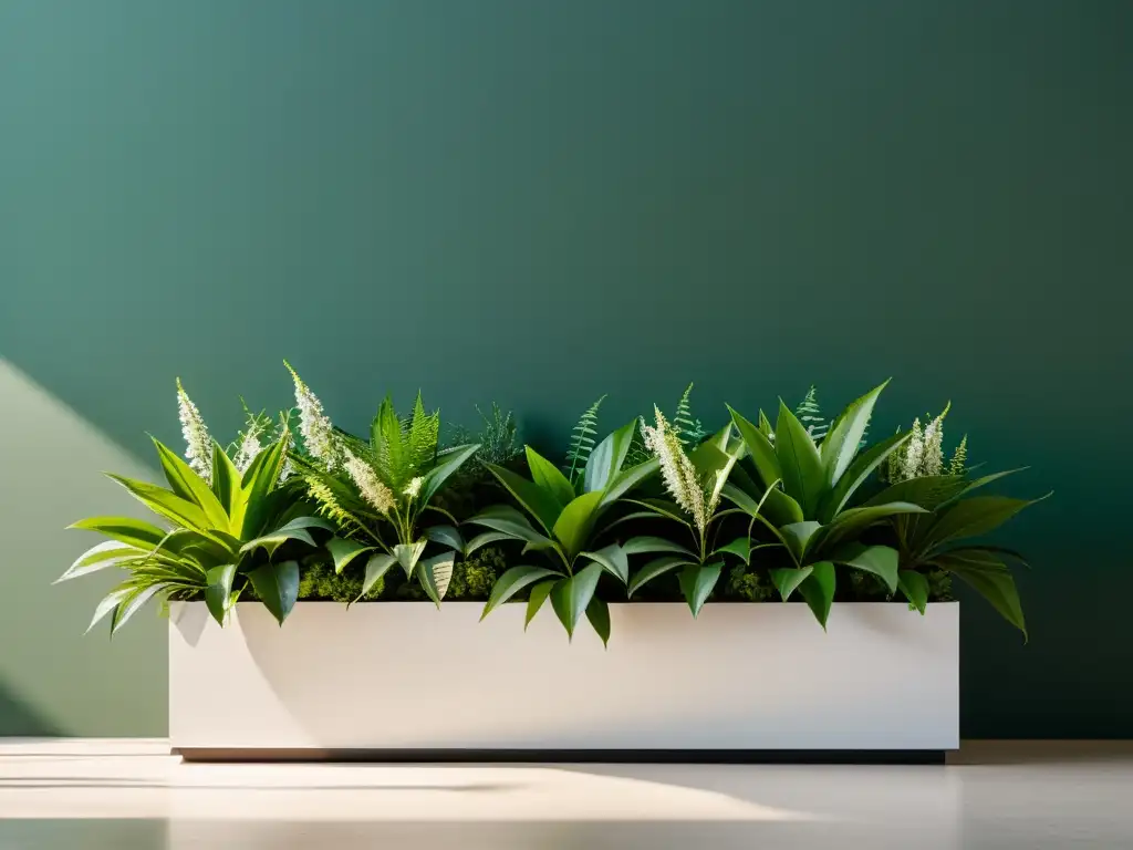 Jardín interior minimalista con plantas nativas en modernos maceteros