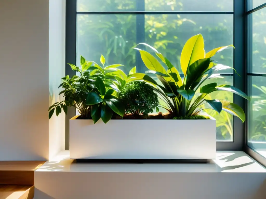 Un jardín interior minimalista con plantas saludables y vibrantes, bañado por la cálida luz del sol