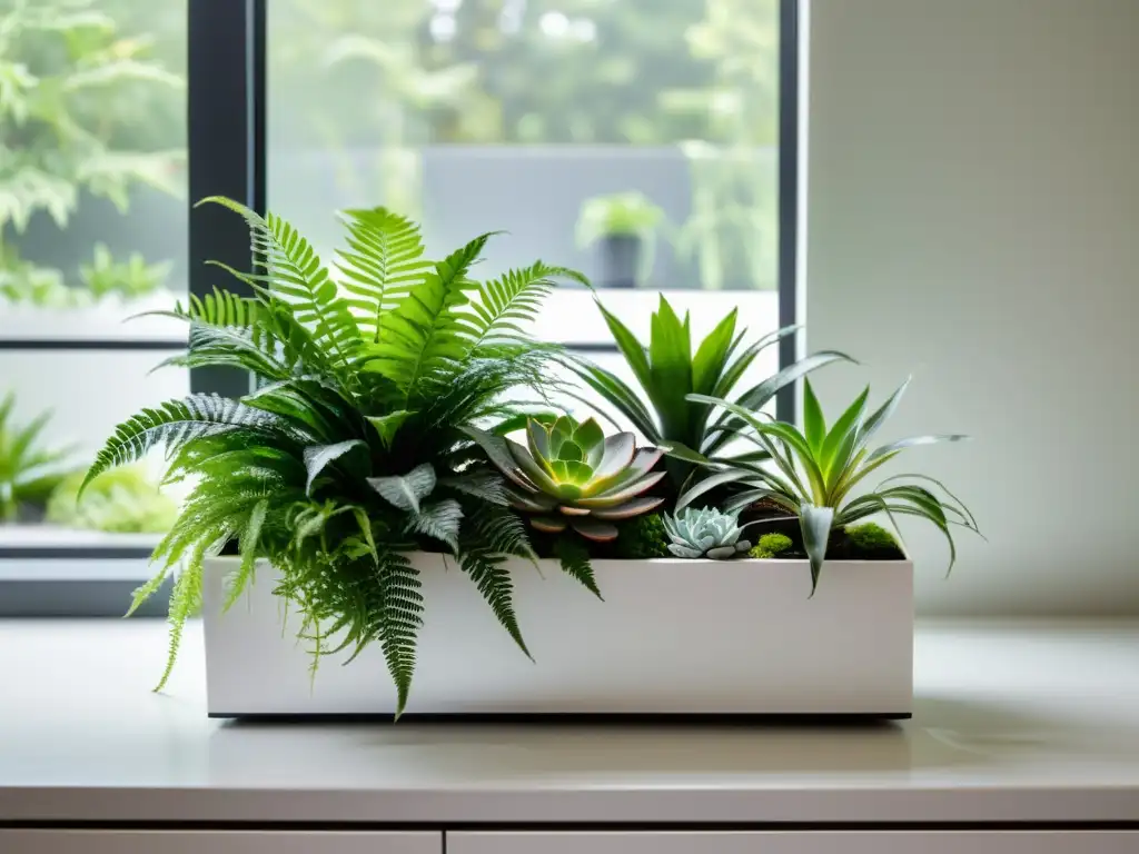 Un jardín interior minimalista con plantas verdes en un elegante macetero blanco