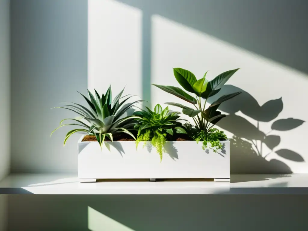 Un jardín interior minimalista con plantas verdes exuberantes en maceta blanca, iluminado por la suave luz del sol