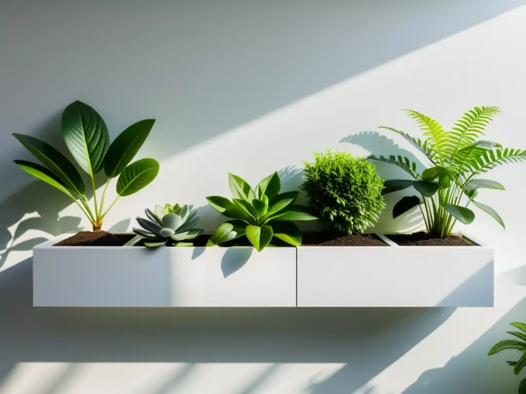 Un jardín interior minimalista con plantas verdes exuberantes en macetas geométricas en una estantería blanca