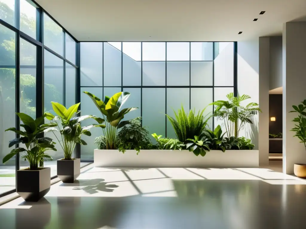 Jardín interior minimalista con plantas verdes en macetas geométricas