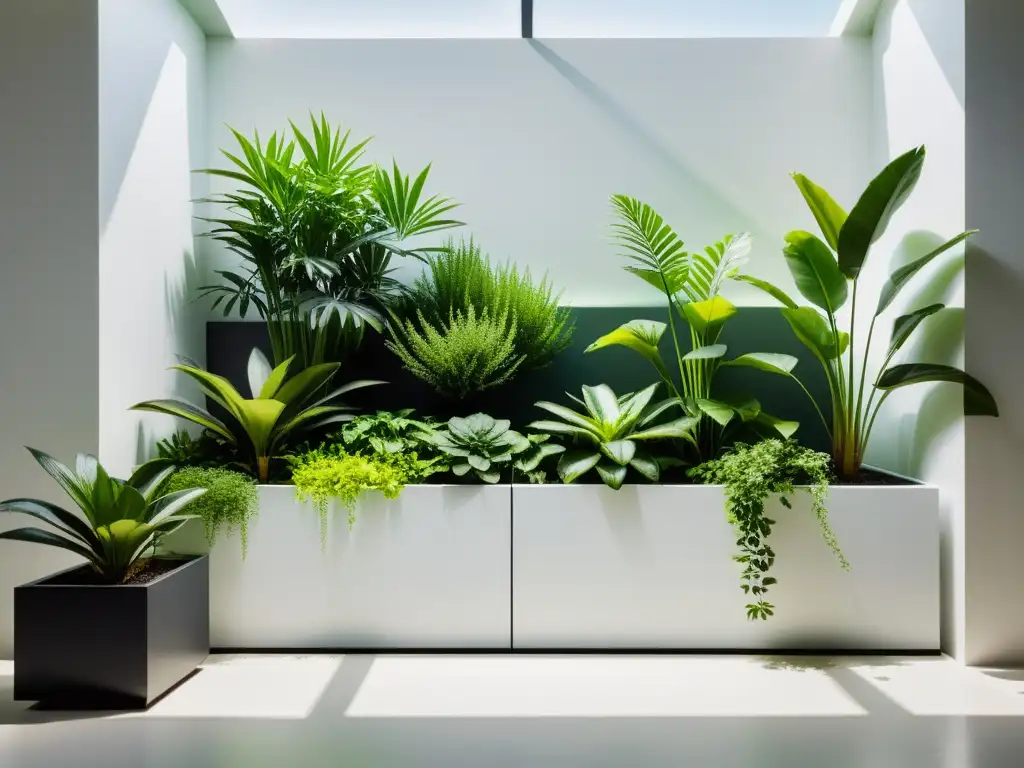 Un jardín interior minimalista con plantas verdes en macetas geométricas, creando una narrativa visual de jardinería interior