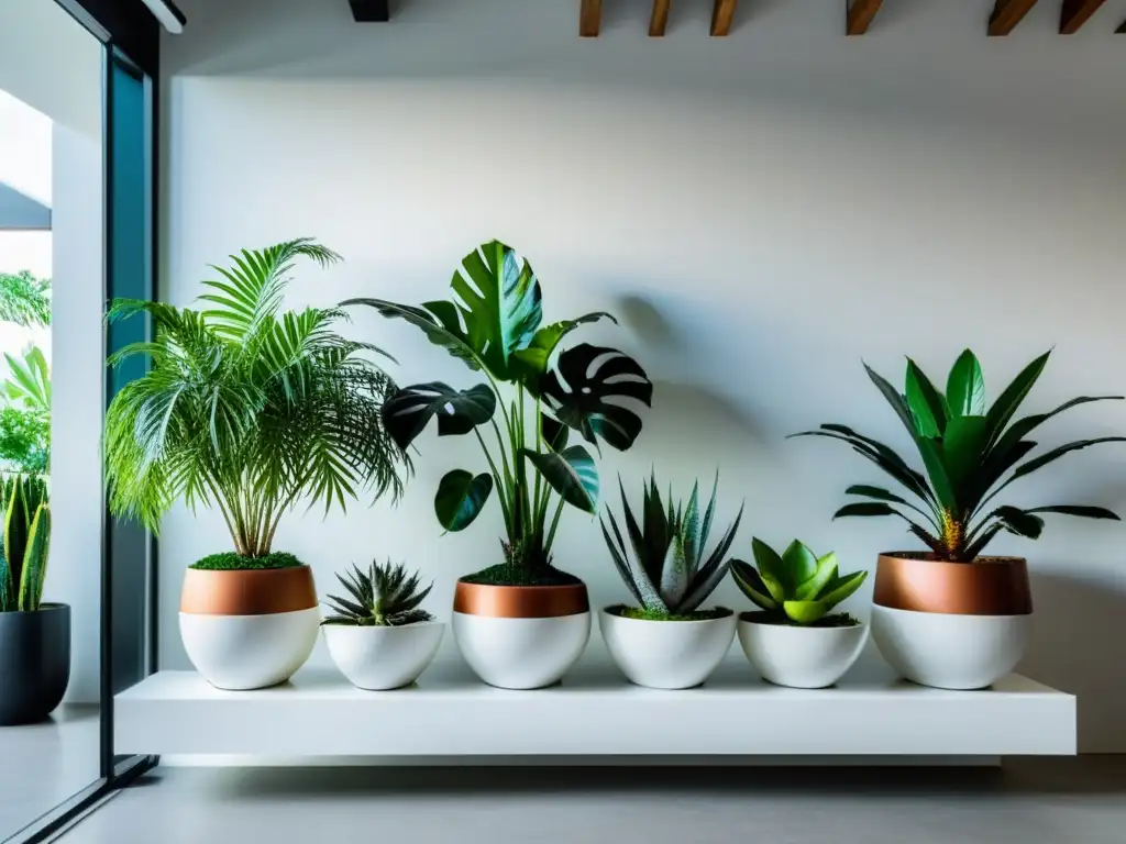 Configuración minimalista de plantas de interior vibrantes en macetas geométricas, iluminadas con luz natural