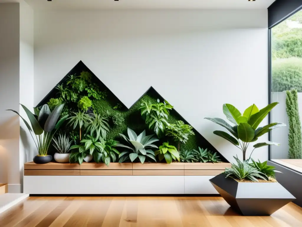 Jardín interior minimalista con plantas vibrantes en macetas geométricas