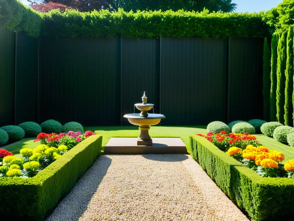 Un jardín minimalista y tranquilo con flores vibrantes y exuberante vegetación