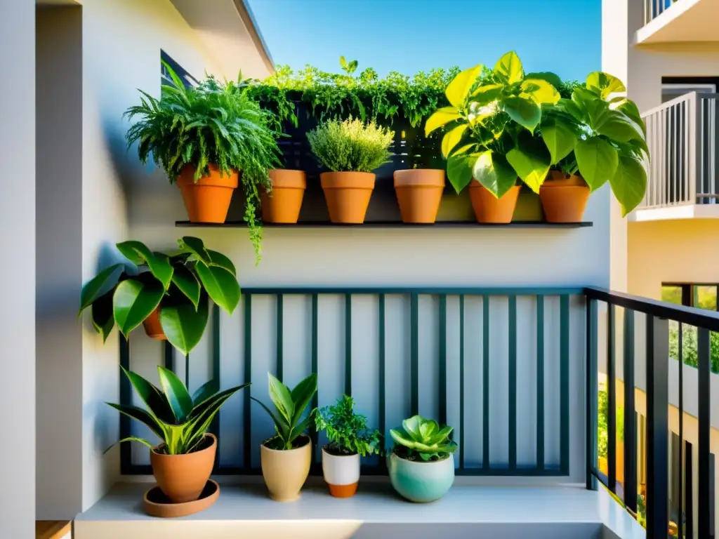 Un jardín de balcón minimalista con una variedad de plantas en macetas