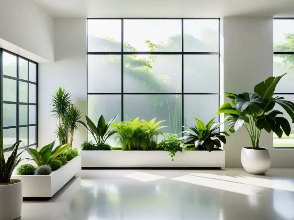 Un jardín interior minimalista con una variedad de plantas vibrantes y verdes en elegantes macetas modernas