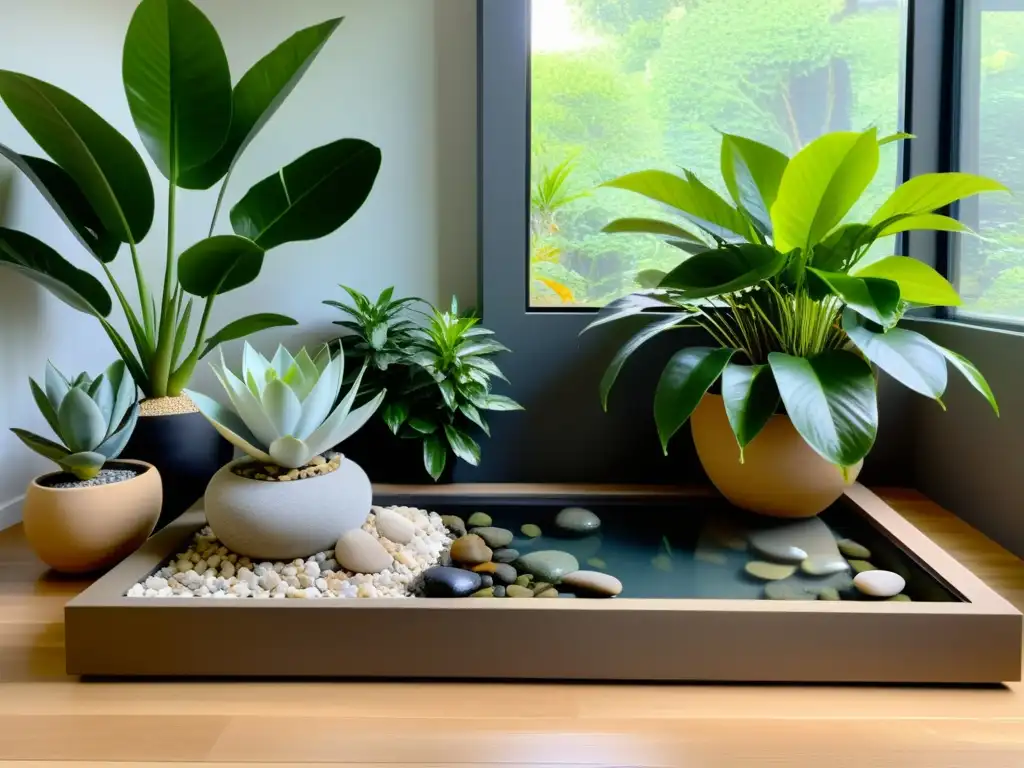 Un jardín interior minimalista y zen con plantas de interior según los principios del Feng Shui, creando un ambiente armonioso y tranquilo