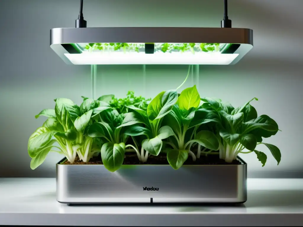 Una moderna hidroponía en casa cuidado plantas, con lechugas y hierbas verdes en un elegante ambiente contemporáneo iluminado por luz natural