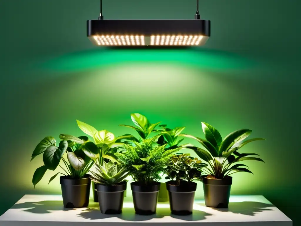 Una moderna luminaria LED ilumina exuberantes plantas de interior, demostrando eficiencia energética en iluminación interior de plantas