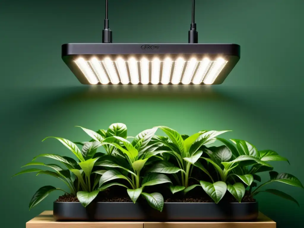 Una moderna luz LED suspendida sobre un exuberante jardín interior, resaltando la eficiencia energética en iluminación de plantas