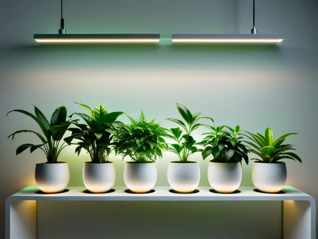 Una moderna iluminación LED para plantas de interior crea un ambiente etéreo y vibrante en un espacioso entorno contemporáneo