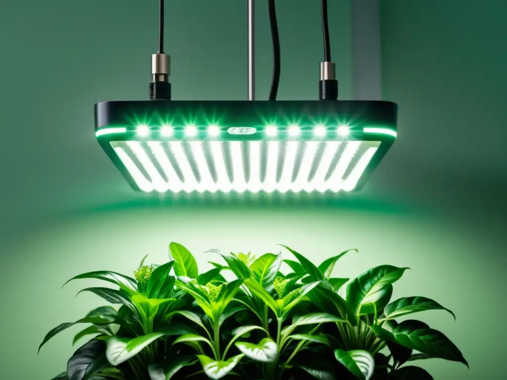 Una moderna lámpara LED para plantas de interior ilumina una exuberante planta, fomentando su crecimiento saludable