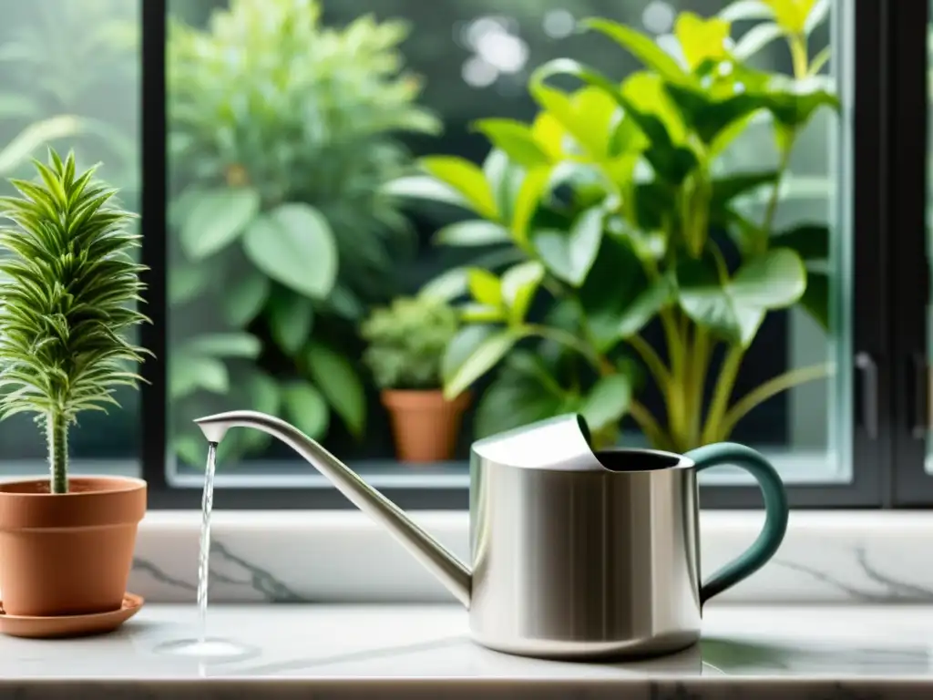 Una moderna regadera de acero inoxidable en una encimera de mármol blanco, iluminada por el sol, junto a plantas exuberantes